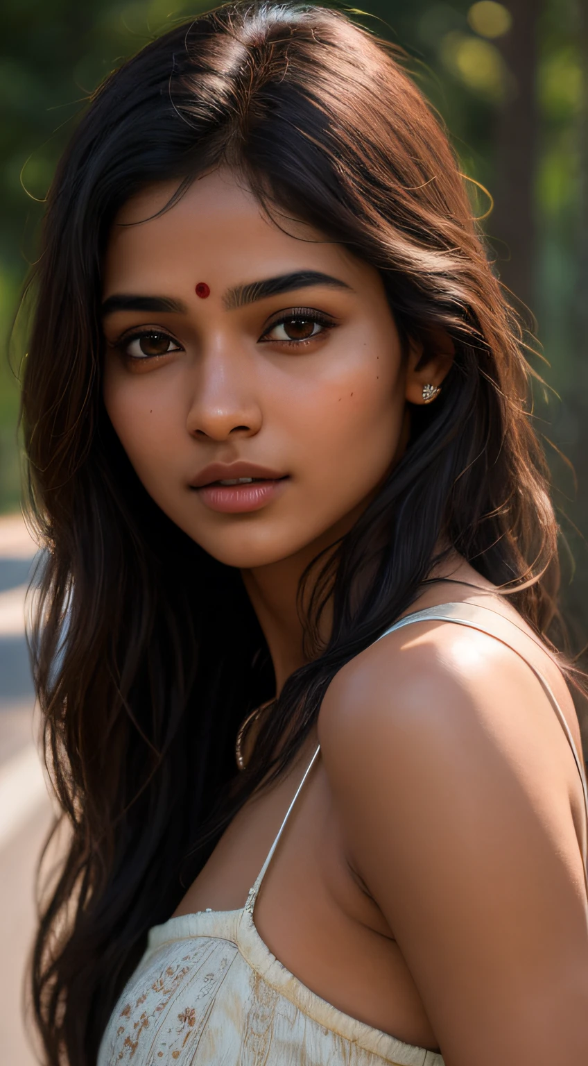 young Indian girl, 18-year-old, red top, gentle lighting, intricate facial details, flawless complexion, top-notch 3D rendering, hyper-realistic, shot on Indian road. photorealistic digital art trending on Artstation 8k HD high definition detailed realistic, detailed, skin texture, hyper detailed, realistic skin texture, armature, best quality, ultra high res, (photorealistic:1.4),, high resolution, detailed, raw photo, 400 camera f1.6 lens rich colors hyper realistic lifelike texture dramatic lighting unrealengine trending on artstation cinestill 800