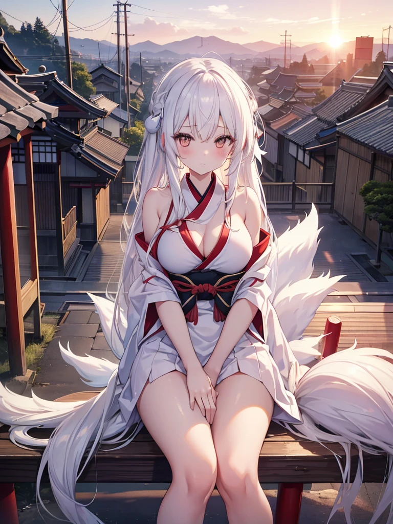 1girl, long white hair, white eyes, wearing a bikini, siting in a fence of a shrine, japanese town background below, absurdres, high res, ultrasharp, 8K, masterpiece, looking at viewer, blushing, sunset, kitsune, hand in top acting shy, crossed leg