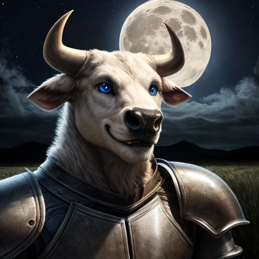 portrait bull wearing silver plate armor, grasslands background, nighttime, full moon, clouds in the sky, photorealistic, highly detailed, intricate nighttime lighting, 8K, medium-length horns, light blue eyes, human-like eyes, albino fur, black nose, muscled body, smile, detailed fur,