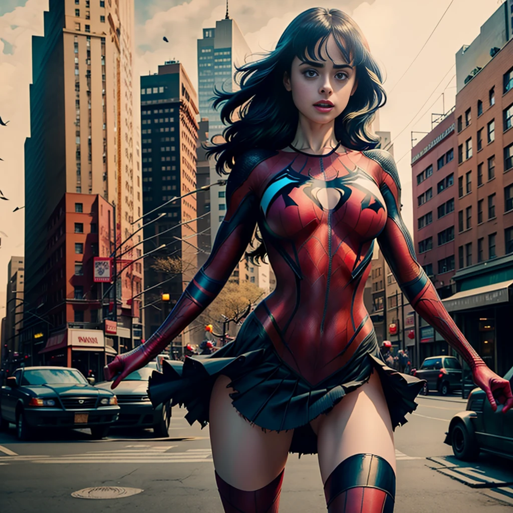 Krysten Ritter、Sticking out the navel、newyork、She wears a torn Spider-Man suit,wearing skirt、 Red and black color scheme,Dynamic、masterpiece、top-quality、ultra-detailliert、ighly detailed、beautiful detailed brilliance、超A high resolution