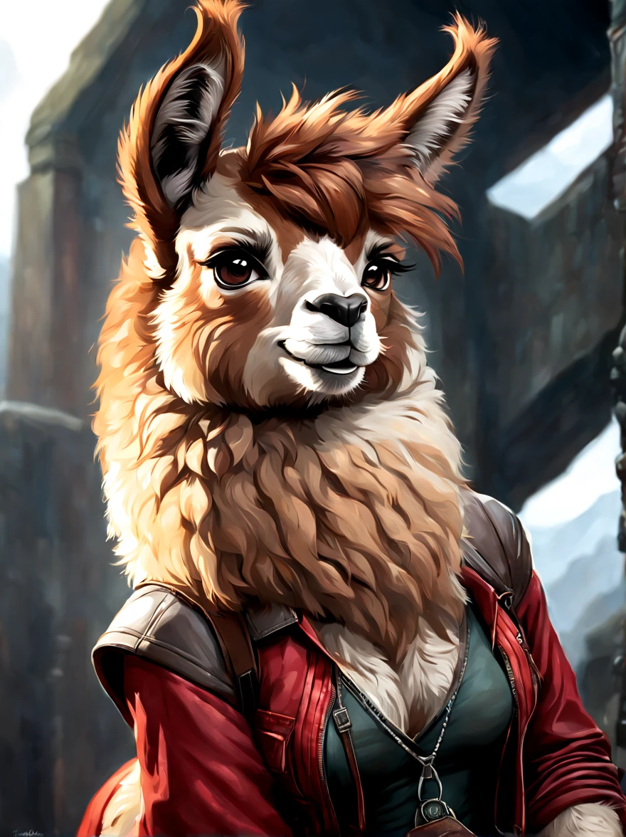 a (llama:1.31) wearing outfit like ((Lara Croft Tomb Raider)), (llama:1.31) anthro portrait, portrait of a (llama:1.31), wild fluffy (llama:1.31) portrait, (llama:1.31) all the way, alpaca, (llama:1.31), award winning creature portrait, inspired by Frieke Janssens, by Christian W. Staudinger, highly detailed cgsociety, by Frieke Janssens, solo, upper body, red jacket, realistic, 1boy, male focus, closed mouth, furry, smile art by artgerm and greg rutkowski and alphonse mucha