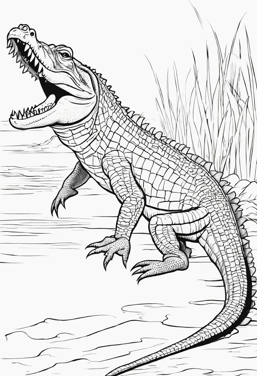 Outline, picture with black lines for coloring, Coloring book page. crocodiles, 4 legs, 1 tail. Totally white, full body, side position, (white background), use outline only, cartoon style, "majestic", beautiful, perfect, Sketch style