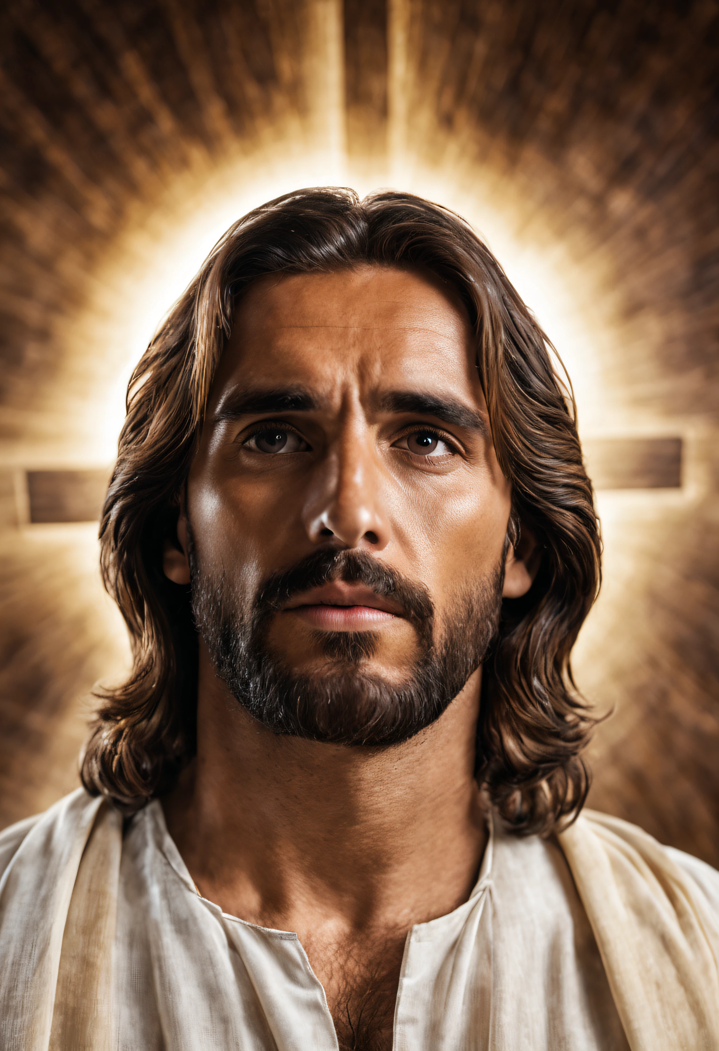 Real image of heavenly Jesus Christ looking at camera.., lugar de madera con luz central. alta calidad, 9:16