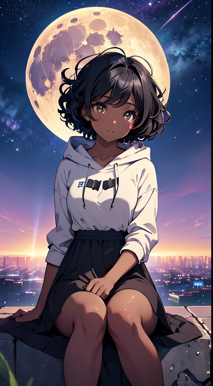 1 pretty anime city girl with dark ebony skin, curly hair, dark skin, ebony skintone, in a sheer yellow dress, colorful hooded jacket, sitting on a hillside facing a vast sky over in front the moon, looking at the moon ((one oversized white silvery glowing full moon)), shadows, colorful flora, Neon Luminescence, shooting stars, constellations, 4k, Vivid Colors, Highly Detailed, UHD, Anime Realism illustration, Beautifully Intricate, ray tracing, 8k, Artistic, Soft Natural Volumetric Cinematic Light, (Best Quality,4K,8K,hight resolution, masterpiece :1.2),Ultra-detailed,(Realistic,Photorealistic,Photorealsitic:1.37),Starry night sky,The beauty of the galaxy,Infinite expanses,A dreamy sight,Shining stars,grand,captivating scene,Heavenly Radiance,Bright constellations,Ethereal Atmosphere,Awe-inspiring views,The vastness of the universe,Colorful nebulae,Fantasy landscape,Enchanting universe,Brilliant celestial display,Quiet Tranquility,vivid hues,Dark silhouette of the galaxy,Stunning astral panorama,Majestic celestial canopy. by Studio Ghibli