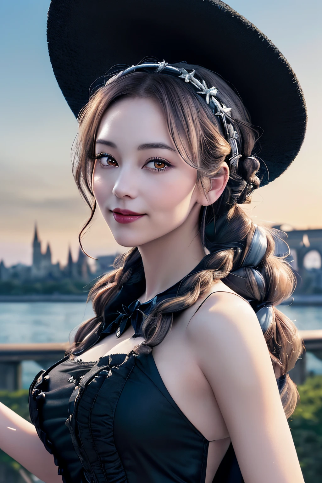 (Fantasy Art:1.3),(Grimm fairy tale world),(Portrait of a witch with a magic wand:1.3),(ringo),(Cinderella's Castle in the background:1.3),(((victorian gothic dress:1.3))),(((worn by a black witch,large hat:1.3))),(Dresses that emphasize big breasts:1.3).Cute and beautiful girl,Cute round face,Cute smile,with blush cheeks,Red Lip,(silver white hair,Floral braided headband,half up、Floral Braided Space Van,Voluminous Fishtail Braids,Twisted chignon,),(Bangs are see-through bangs),hair pin,hair adornments,detailed clothes features,Detailed hair features,detailed facial features,(Dynamic angles),(Dynamic and sexy poses),Cinematic Light,(masutepiece,top-quality,Ultra-high resolution output image,depth of fields,intricate detailes,Make the subject look three-dimensional with the contrast of light and shadow,) ,(The 8k quality,Anatomically accurate facial structure,),(Sea Art 2 Mode:1.3),(Image Mode Ultra HD,)