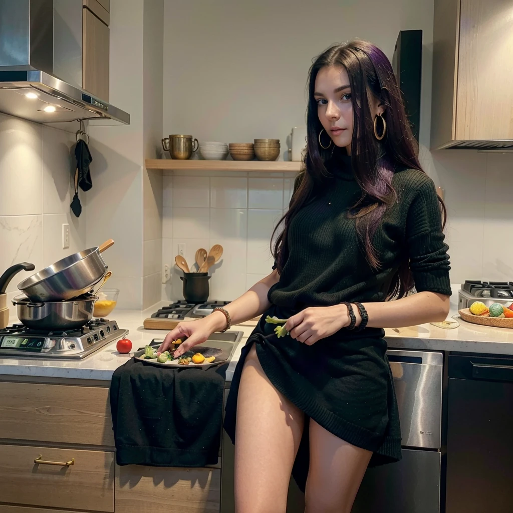 (one girl), Hanna, a 21 year old girl, 1.70 meters tall, weighs 49 kg, has very long and straight dark purple hair, has big green eyes, wears gold earrings and bracelets, always has a smartwatch on wrist, in the kitchen while preparing an omelette, vegetables leaning on the table, dressed in a purple sweater and black skirt, (hands on legs), ultra realistic style, (seed 3978045937)