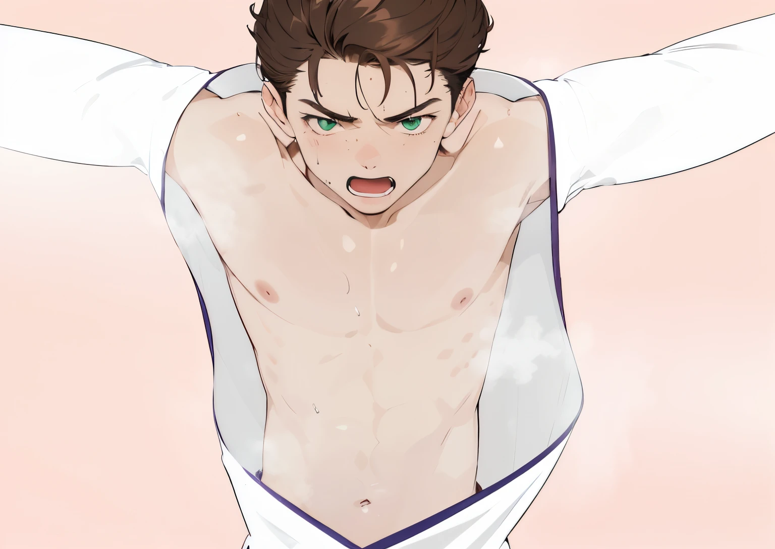 (absurdres, highres, ultra detailed, HDR), masterpiece, best quality, a boy, 25 yo, solo, handsome, twink, pale skin, skinny, smooth body, slim body, short hair, brown hair, messy hair, green eyes, real shadow, white robe, karate gi, arms outstretched, hurt, pain, sweat, wet, flushed