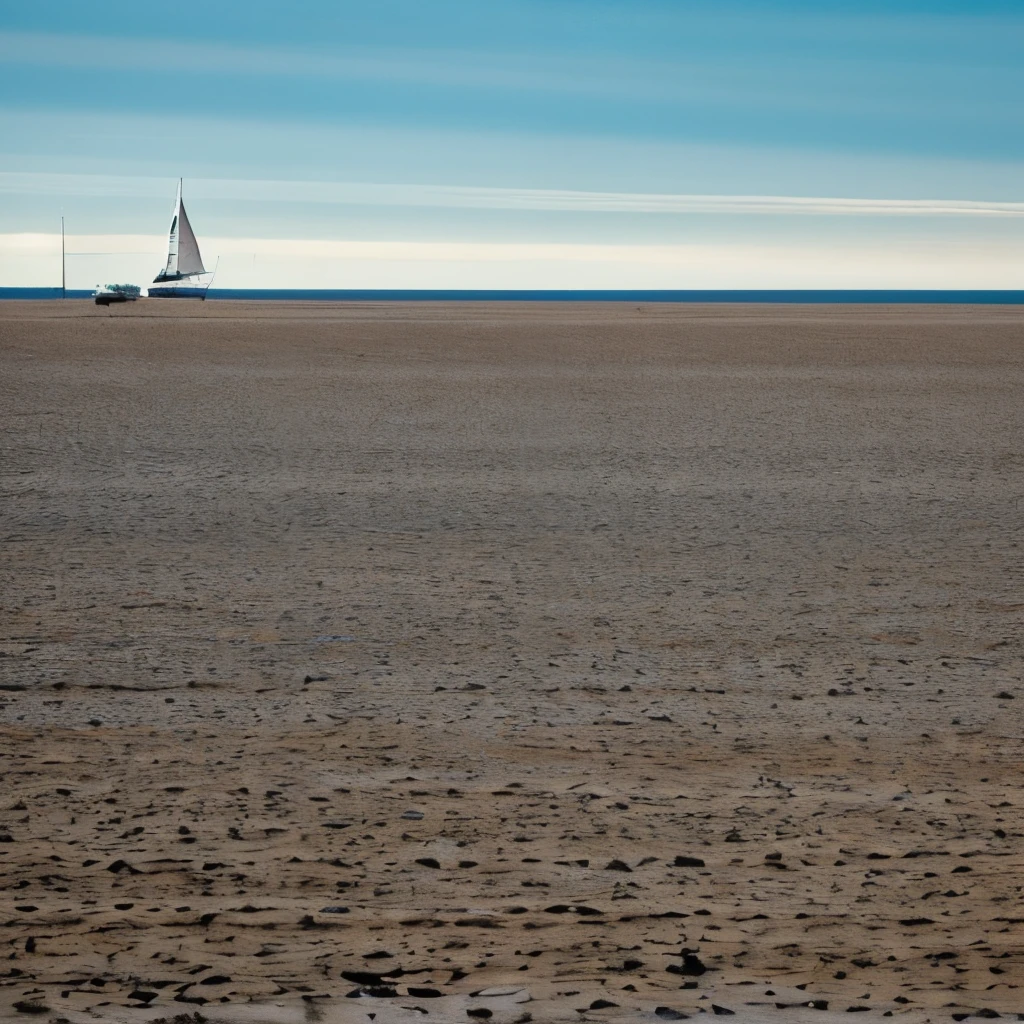 Methane cloud lingering on martian plaines. A wheeled sailboat is rolling at high speed at medium distance.