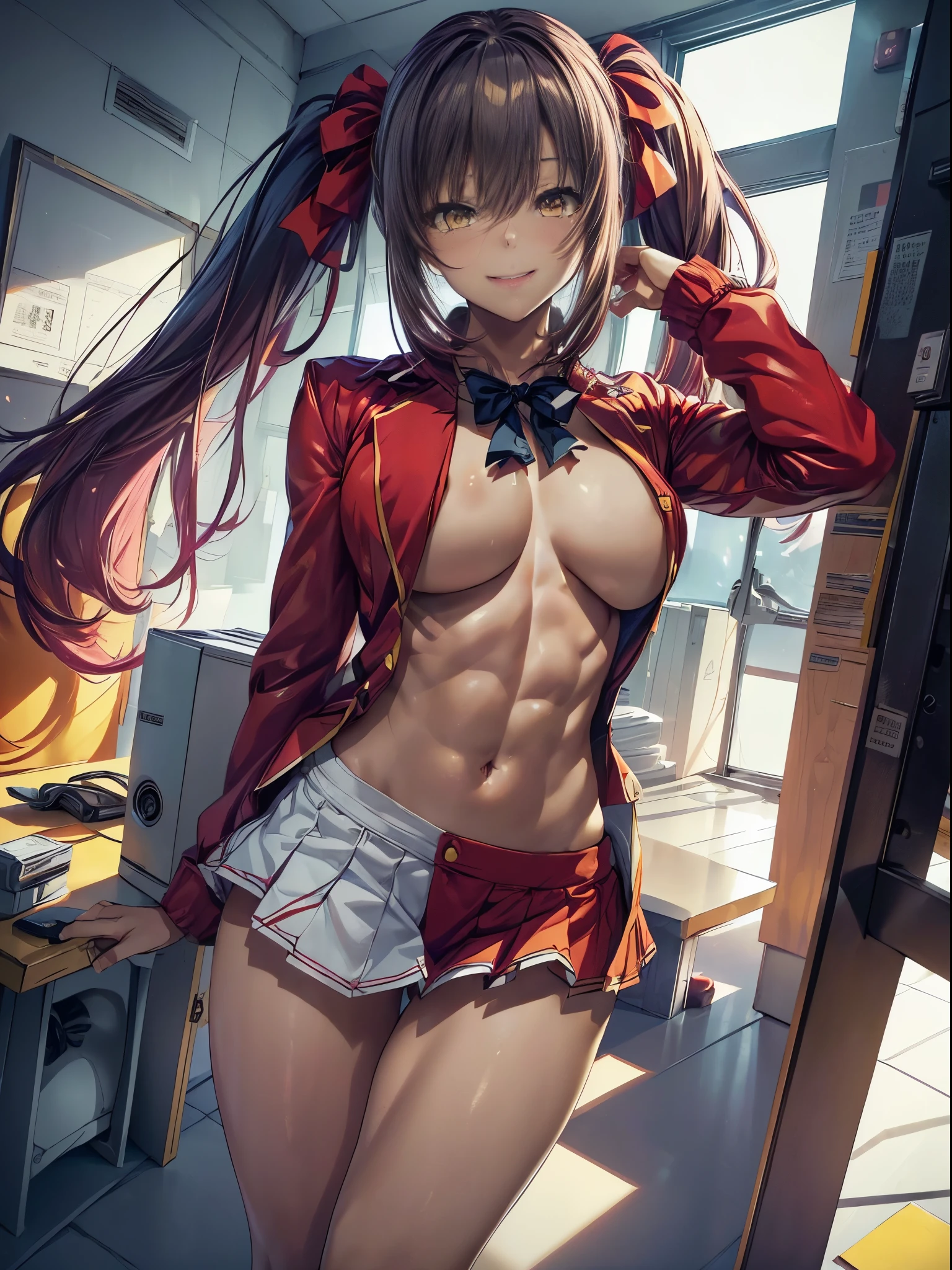 ((())), a beautiful and cute lady, wearing a very  red Santa Claus outfit, at school, (muscular ), (small waist), (only ), (((Ichika Amasawa)) ), white skin, red ribbons in her hair, (((bright yellow eyes))), good , perfect hands, (perfect muscular legs), thin waist, muscular abdomen, wearing a black high-heeled shoe body photo)) ), (standing), (((looking at me showing me her huge muscular ))), (Hair color Magenta ), camera under her , Straight hair, (((Twintail hair, (extended yellow eyes ), anime, minimalism, anime style, ray tracing, cinematic lighting, shine, JPEG artifacts, bright light, divine rays, backlight, symmetry, panorama, Sony FE, hard drive, master piece, precise, anatomically correct, Super Detail, best quality, hard disk, Loudest, 16k
