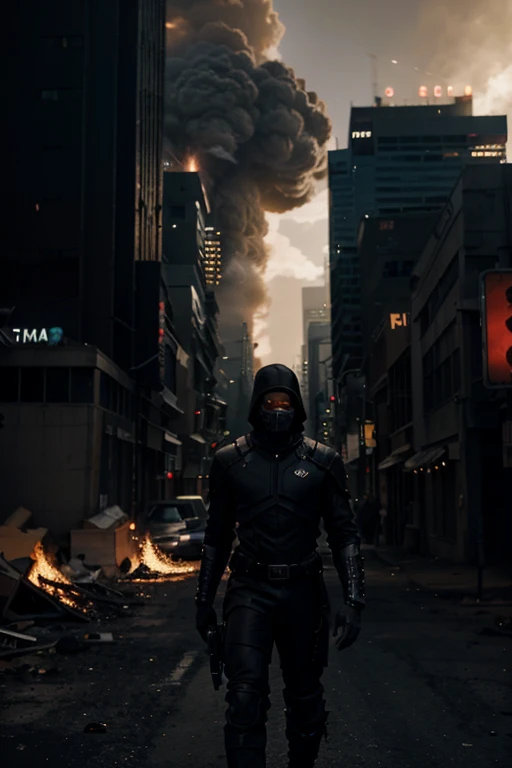 create a scene with full body; a black man in Post Apocalyptic; Christmas time black Stealth sleek and shadowy clothe ; facing the camera ; city; earth in background burning ; perfect composition, beautiful detailed. cyberpunk, 8k