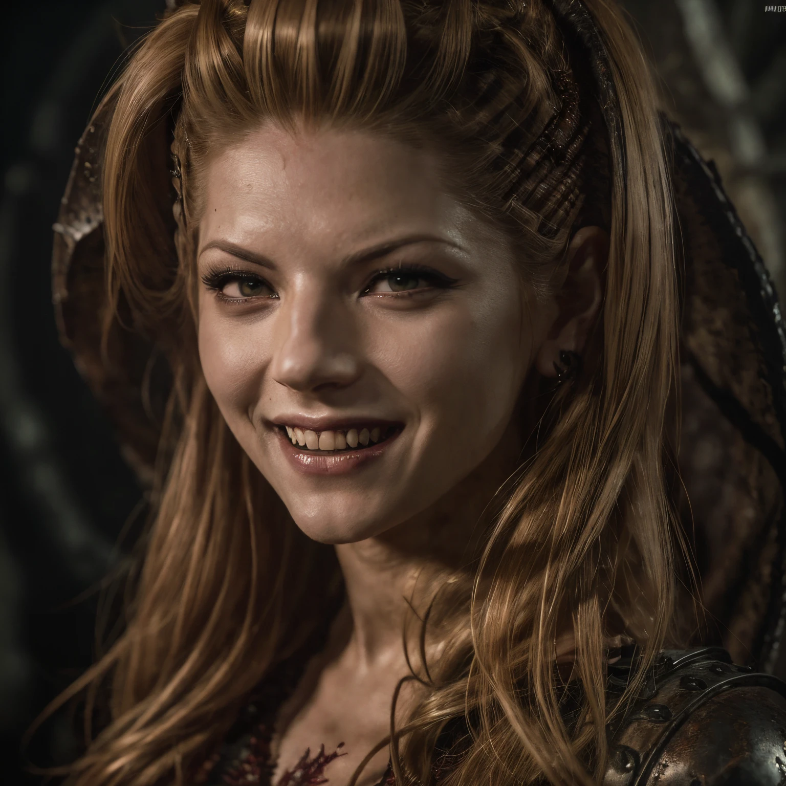 Katheryn winnick as a succubus demon, close up, face, evil smile, fangs, red eyes, red hair, blonde hair, long tongue, sexy, realistic, hd, detailed, demon-like, horror, alluring, seductive look