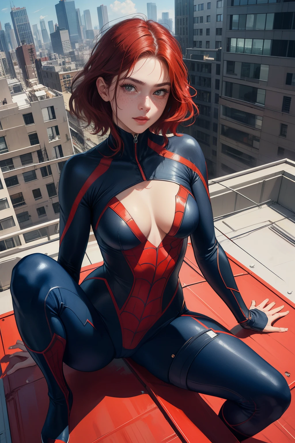 Generate a photorealistic masterpiece from a low angle featuring a woman in a red and black and white Spider-Man suit. She's unmasked with a pretty ginger face, Korean features, freckles, ((thin waist, slender figure, small breasts)), petite figure, in a squatting position, posing like Spider-Man, ((sitting on the edge of the rooftop overlooking the city)). Sexy smile and eyes. The camera angle should capture the exterior of the building she's on. Emphasize the wind blowing, her red hair flowing elegantly, fingers spread, and ((breast cleavage exposed in the skin-tight suit)), Ensure intricate details, realistic human anatomy , correct face proportion and position and capture the scene with a compelling low angle shot, detailed pupils in eyes, visible pupils,