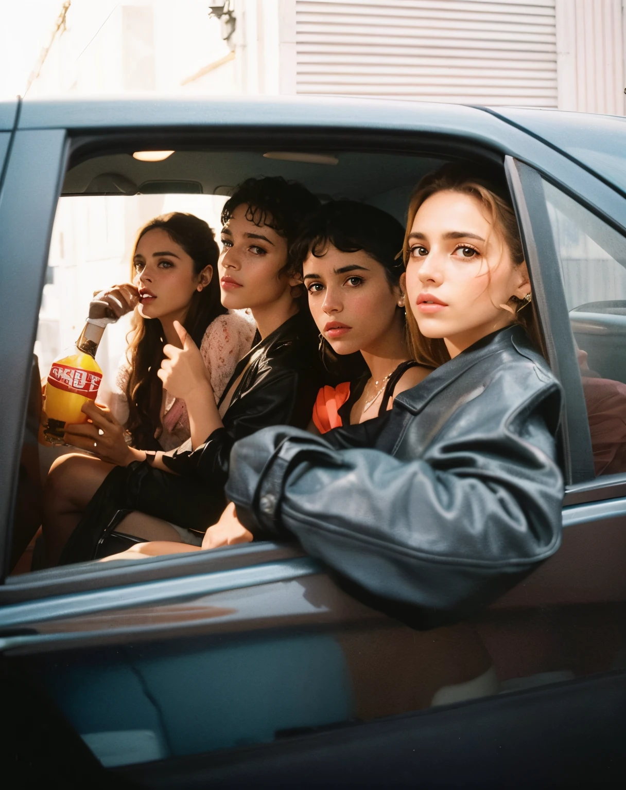 varias personas sentadas en un auto con una bebida y un refresco, Al estilo de Nan Goldin, inspirado por Nan Goldin, Al estilo de Petra Collins, 9 0 s film photo, 90s film photo, Petra Collins, warpaint aesthetic, Al estilo de Alasdair McLellan, por Nan Goldin, Nueva ola francesa, Imagen promocional, por Nathalie Rattner