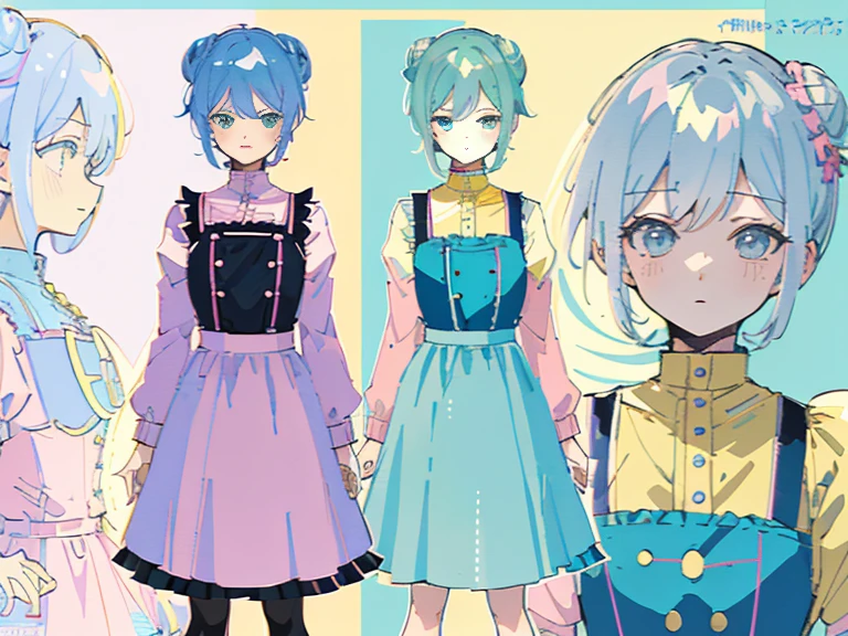 supreme, light-blue hair，blue eyes，Standing on your feet，submachine gun，Detailed Genshin graphics，anime character design，anime concept art，pretty anime character design，anime character reference sheet，[Character design]，1girl in, ((Character information)、(Chara Leaf)、pastel dimmed colors, (Yellow color palette.:1.2, Blue:1.2, Pink:1.2), (Blue hair bun, Short fashionable skirt, Ruffles and lace, polka dot,(Lush pastel dresses), petite girl,Type sheet, Character Sheets, Three types，Shot Full Body，Game Character Design, green color, Pink Dress, white  shirt, Black buttons