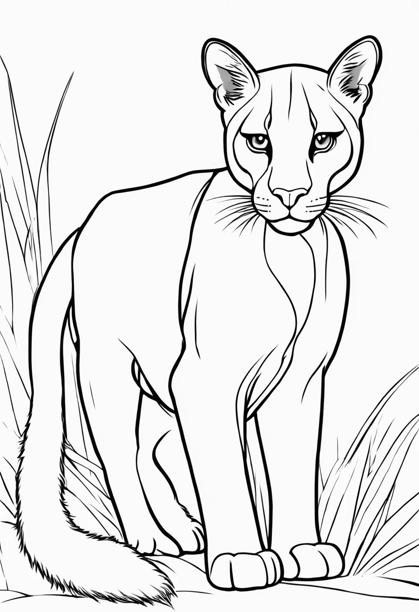 Outline, picture with black lines for coloring, Coloring book page. puma, 4 legs, 1 tail. Totally white, full body, side position, (white background), use outline only, cartoon style, "majestic", beautiful, perfect, Sketc