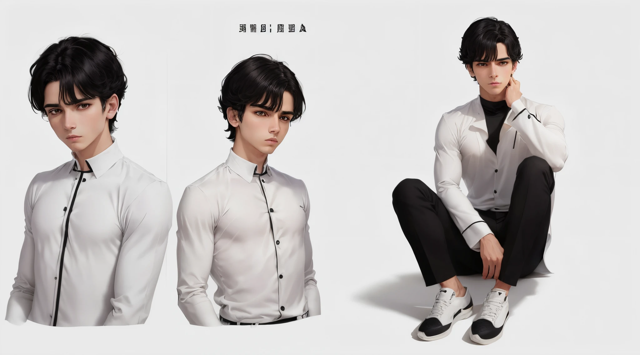 character White fur long-sleeved cold-weather blouse with a thin black line in the middle, uma palavra escrita "OFF" em preto no lado direito do peito, uma linha preta em cada uma das mangas, black pants, sapatos brancos, medium length messy black hair, um tipo de rosto entediado
