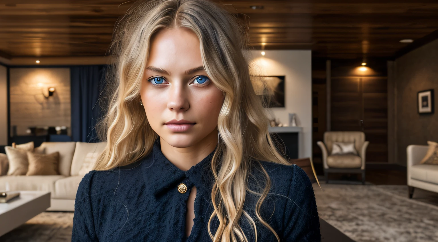 ((1girl in, age22, Solo, Long wavy blond hair, messy wind blown hair, blondehair, (dark blue eyes), Portrait shot, (textured skin, skin pores:1.1))), imperfect skin, in a luxurious furniture contemporary showroom, (cozy interior: 1.8), (extremely detailed 8k wallpaper), soft lighting, high quality, film grain, Fujifilm XT3 sharp focus, f 2.6, 135mm, High Detail, Sharp focus,(natural light), (seductive), Realistic, ultra realistic, photo realistic, crazy details, complex details, hyper detailed, (she wearing a business dress: 1.5), dressing with a simple elegant dress
