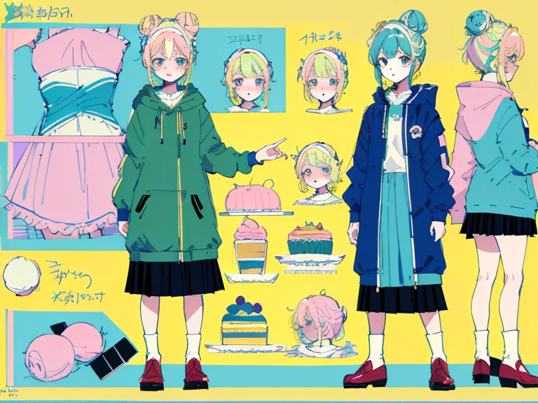 supreme， green down jacket，Standing on your feet，submachine gun，Detailed Genshin graphics，anime character design，anime concept art，pretty anime character design，anime character reference sheet，[Character design]，1girl in, ((Character information)、(Chara Leaf)、pastel dimmed colors, (Yellow color palette.:1.2, Blue:1.2, Pink:1.2), (Blue hair bun and blonde), Short fashionable skirt, a cake, cupcake, Cake Pop, Ruffles and lace, polka dot,(Lush pastel dresses), petite girl,Type sheet, Character Sheets, Three types，Shot Full Body，Game Character Design, green color, Green hoodie，
