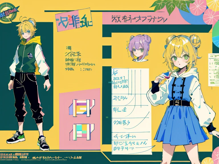 supreme， green down jacket，lime color hair，pink eyes，Standing on your feet，submachine gun，Detailed Genshin graphics，anime character design，anime concept art，pretty anime character design，anime character reference sheet，[Character design]，1girl in, ((Character information)、(Chara Leaf)、pastel dimmed colors, (Yellow color palette.:1.2, Blue:1.2, Pink:1.2), (Blue hair bun and blonde), Short fashionable skirt, Sitting on a throne of sweets and pastries, For example, doughnut, splash, candy, Lollipop, lollipop cane, a cake, cupcake, Cake Pop, Ruffles and lace, polka dot,(Lush pastel dresses), petite girl,Type sheet, Character Sheets, Three types，Shot Full Body，Game Character Design, green color, Green hoodie，