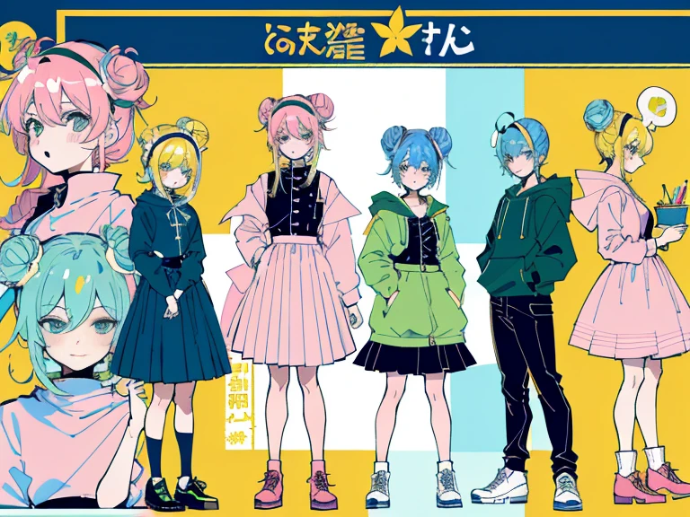 supreme， green down jacket，lime color hair，pink eyes，Standing on your feet，submachine gun，Detailed Genshin graphics，anime character design，anime concept art，pretty anime character design，anime character reference sheet，[Character design]，1girl in, ((Character information)、(Chara Leaf)、pastel dimmed colors, (Yellow color palette.:1.2, Blue:1.2, Pink:1.2), (Blue hair bun and blonde), Short fashionable skirt, Sitting on a throne of sweets and pastries, For example, doughnut, splash, candy, Lollipop, lollipop cane, a cake, cupcake, Cake Pop, Ruffles and lace, polka dot,(Lush pastel dresses), petite girl,Type sheet, Character Sheets, Three types，Shot Full Body，Game Character Design, green color, Green hoodie，
