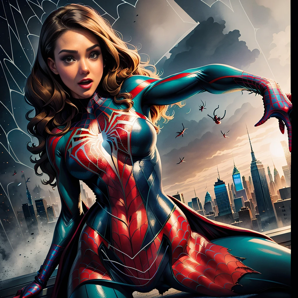 Jessica Alba、Sticking out the navel、newyork、She wears a torn Spider-Man suit,wearing skirt、 Red and black color scheme,Dynamic、​masterpiece、top-quality、ultra-detailliert、ighly detailed、beautiful detailed brilliance、超A high resolution