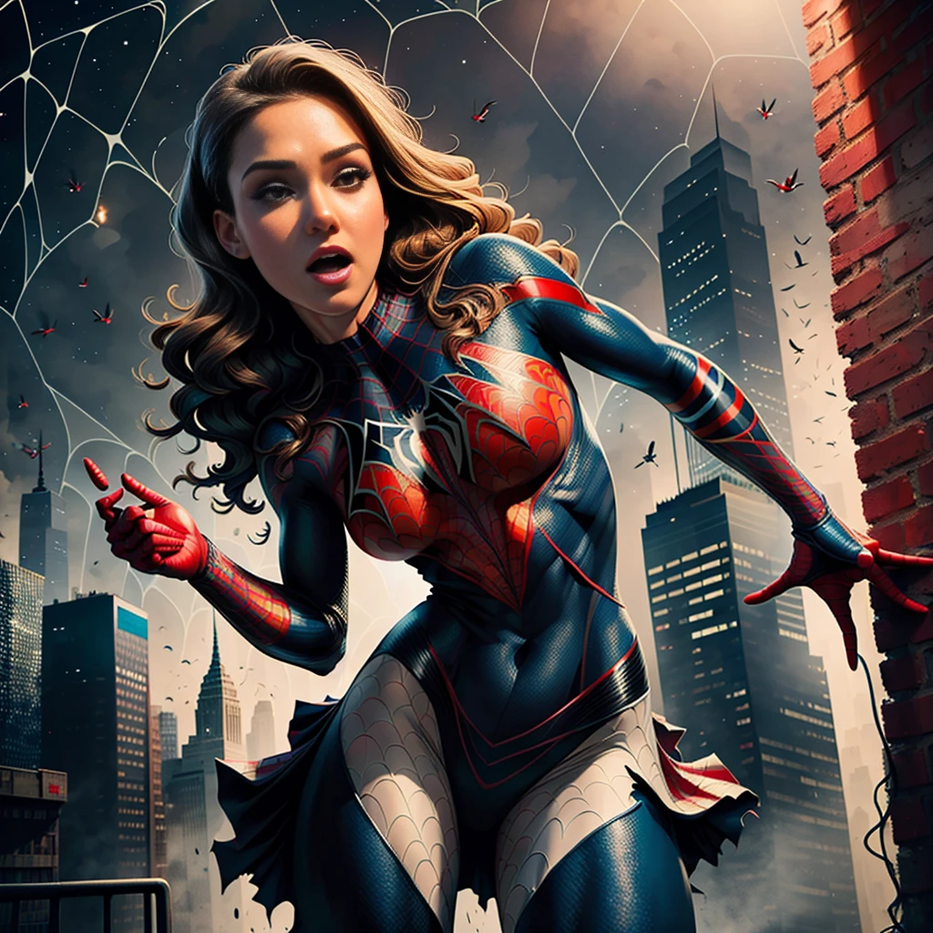 Jessica Alba、Sticking out the navel、newyork、She wears a torn Spider-Man suit,wearing skirt、 Red and black color scheme,Dynamic、masterpiece、top-quality、ultra-detailliert、ighly detailed、beautiful detailed brilliance、超A high resolution