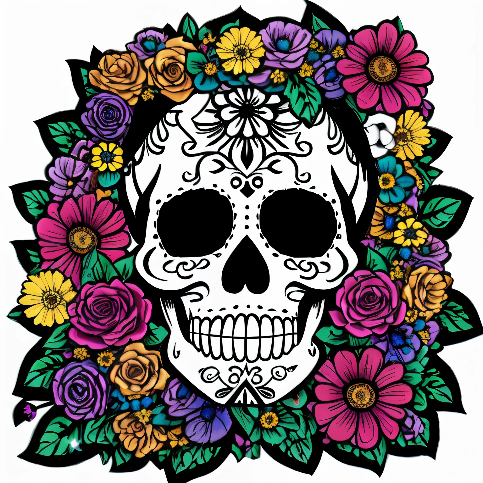 dia de muertos、Skullface、vivid flowers々、SNS icon、masutepiece, Best Quality, meticulous, ultra-detailliert,