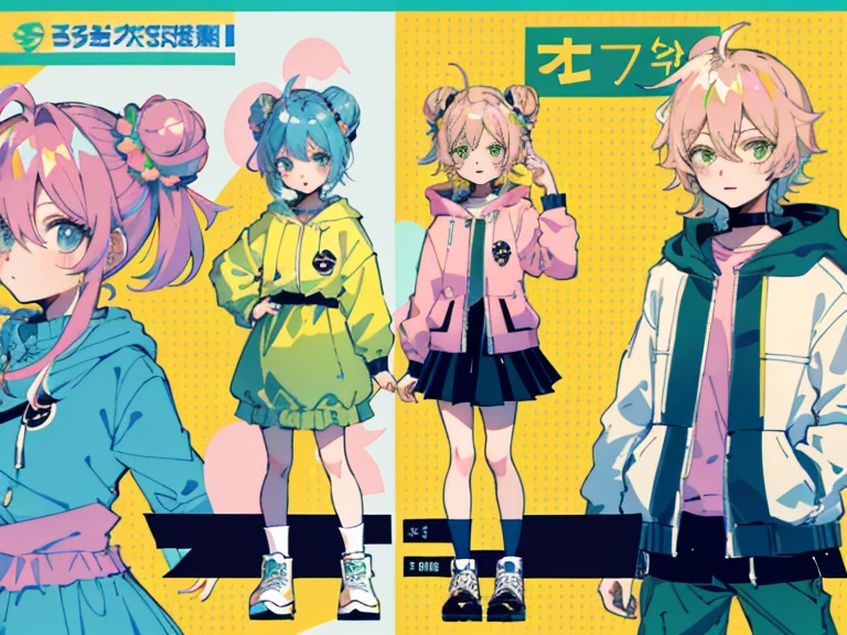 supreme， green down jacket，lime color hair，pink eyes，Standing on your feet，submachine gun，Detailed Genshin graphics，anime character design，anime concept art，pretty anime character design，anime character reference sheet，[Character design]，1girl in, ((Character information)、(Chara Leaf)、pastel dimmed colors, (Yellow color palette.:1.2, Blue:1.2, Pink:1.2), (Blue hair bun and blonde), Short fashionable skirt, Sitting on a throne of sweets and pastries, For example, doughnut, splash, candy, Lollipop, lollipop cane, a cake, cupcake, Cake Pop, Ruffles and lace, polka dot,(Lush pastel dresses), ***ite girl,Type sheet, Character Sheets, Three types，Shot Full Body，Game Character Design, green color, Green hoodie，