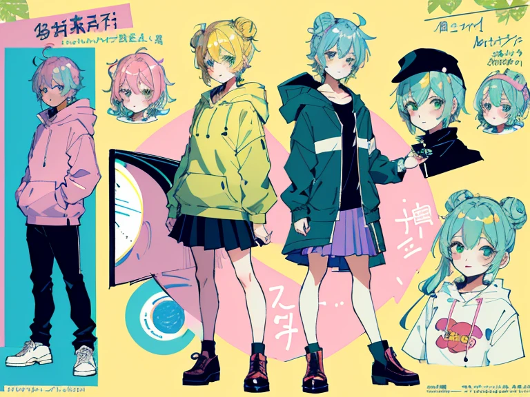 supreme， green down jacket，lime color hair，pink eyes，Standing on your feet，submachine gun，Detailed Genshin graphics，anime character design，anime concept art，pretty anime character design，anime character reference sheet，[Character design]，1girl in, ((Character information)、(Chara Leaf)、pastel dimmed colors, (Yellow color palette.:1.2, Blue:1.2, Pink:1.2), (Blue hair bun and blonde), Short fashionable skirt, Sitting on a throne of sweets and pastries, For example, doughnut, splash, candy, Lollipop, lollipop cane, a cake, cupcake, Cake Pop, Ruffles and lace, polka dot,(Lush pastel dresses), petite girl,Type sheet, Character Sheets, Three types，Shot Full Body，Game Character Design, green color, Green hoodie，