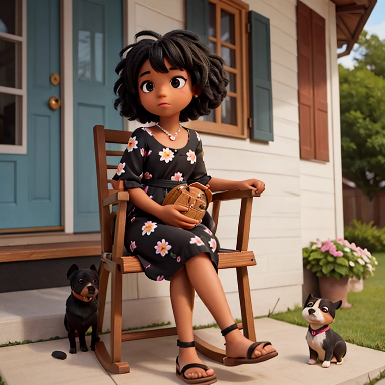 Black girl with black hair and black eyes wearing a floral dress sitting in a rocking chair on the porch of her house next to her little dog