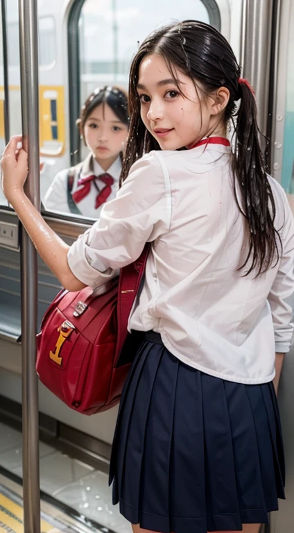 masutepiece、Best Quality、8K、Raw photo、absurderes、award winning portrait、Smile、Idol face、Delicate girl、Digital SLR、Sophisticated、Thin arms、Professional Lighting、(Eyes and faces with detailed:1.0)、(8K、Raw photography、top-quality、​masterpiece:1.2)、(realisitic、Photorealsitic:1.37)、(女の子1人)、fullllbody、((((In the train car))))、photon maping、Radio City、(((Angle from behind)))、详细的脸、Detailed lips、detailedeyes、二重まぶた、(Colossal tits:1.5)、(((((((((School Uniforms)))))))))、(((a red choker)))、((((((the shape of the female genitalia is clearly visible))))))、Perfect body、a wet body、shinny skin、Make eye contact with the camera、(((((((the shape of the anus is clearly visible,,)))))))、(((((((((((red school bag)))))))))))、(((Pigtails hairstyle)))、(((((A dark-haired)))))、((((((Female genitalia are wet、Leakage of fluid from the female genitalia:1.3))))))、((((white liquid leaking from female genitals))))、(((((12--old )