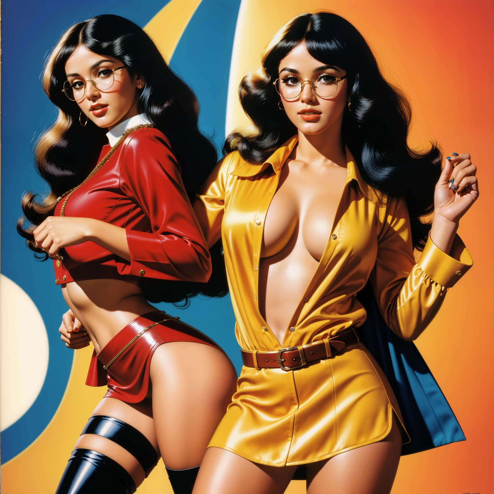 (Masterpiece, Best Quality), 8k Wallpaper, highly detailed, vintage, 1970s, a sexy hippie girl, a portrait by Paul Kane, perfect face, hippie fashion, hippie girl, black haired woman, glasses, lines, abstract, mid century modern, vintage, miniskirt, over the knee boots, retro picture, pulp, 70's pulp illustration, pulp, old retro pulp, pulp illustration. one woman.