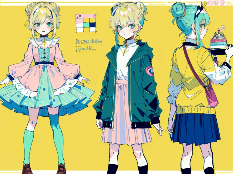 supreme， green down jacket，Standing on your feet，submachine gun，Detailed Genshin graphics，anime character design，anime concept art，pretty anime character design，anime character reference sheet，[Character design]，1girl in, ((Character information)、(Chara Leaf)、pastel dimmed colors, (Yellow color palette.:1.2, Blue:1.2, Pink:1.2), (Blue hair bun and blonde), Short fashionable skirt, a cake, cupcake, Cake Pop, Ruffles and lace, polka dot,(Lush pastel dresses), petite girl,Type sheet, Character Sheets, Three types，Shot Full Body，Game Character Design, green color, Green hoodie，