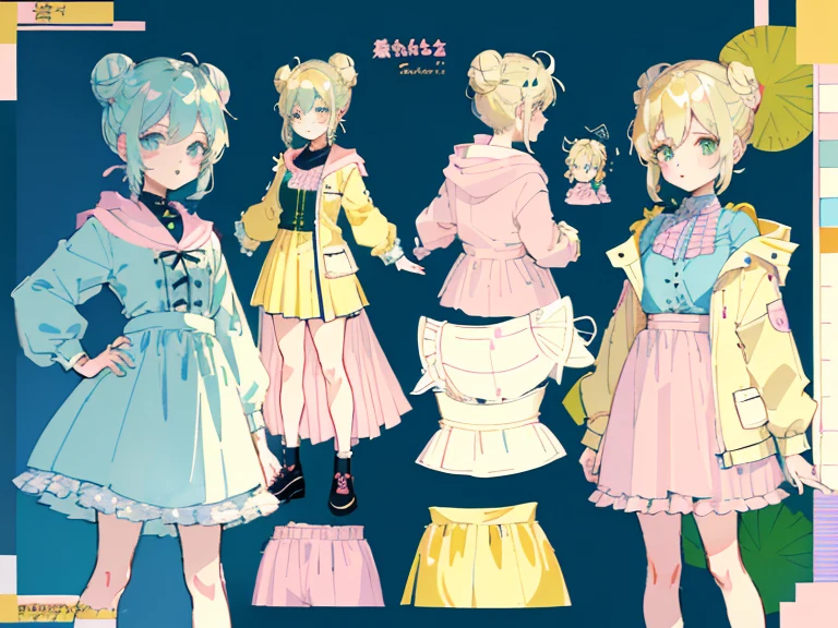 supreme， green down jacket，Standing on your feet，submachine gun，Detailed Genshin graphics，anime character design，anime concept art，pretty anime character design，anime character reference sheet，[Character design]，1girl in, ((Character information)、(Chara Leaf)、pastel dimmed colors, (Yellow color palette.:1.2, Blue:1.2, Pink:1.2), (Blue hair bun and blonde), Short fashionable skirt, a cake, cupcake, Cake Pop, Ruffles and lace, polka dot,(Lush pastel dresses), petite girl,Type sheet, Character Sheets, Three types，Shot Full Body，Game Character Design, green color, Green hoodie，