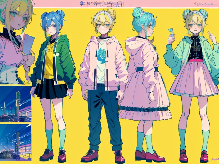 supreme， green down jacket，Standing on your feet，submachine gun，Detailed Genshin graphics，anime character design，anime concept art，pretty anime character design，anime character reference sheet，[Character design]，1girl in, ((Character information)、(Chara Leaf)、pastel dimmed colors, (Yellow color palette.:1.2, Blue:1.2, Pink:1.2), (Blue hair bun and blonde), Short fashionable skirt, a cake, cupcake, Cake Pop, Ruffles and lace, polka dot,(Lush pastel dresses), petite girl,Type sheet, Character Sheets, Three types，Shot Full Body，Game Character Design, green color, Green hoodie，