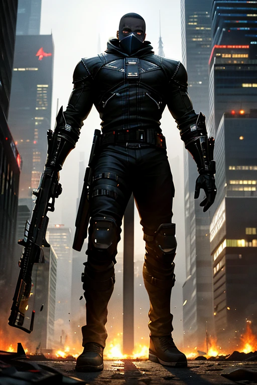 create a scene with full body;  a black man  in Post Apocalyptic; Christmas time  black Stealth sleek and shadowy clothe ;  facing the camera ; city; earth in background burning ; perfect composition, beautiful detailed. cyberpunk, 8k
(masterpiece), best quality, expressive eyes, perfect face
