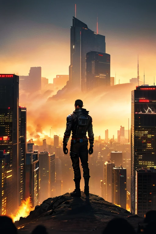 create a scene with full body;  a black man  in Post Apocalyptic; Christmas time  black Stealth sleek and shadowy clothe ;  facing the camera ; city; earth in background burning ; perfect composition, beautiful detailed. cyberpunk, 8k
(masterpiece), best quality, expressive eyes, perfect face