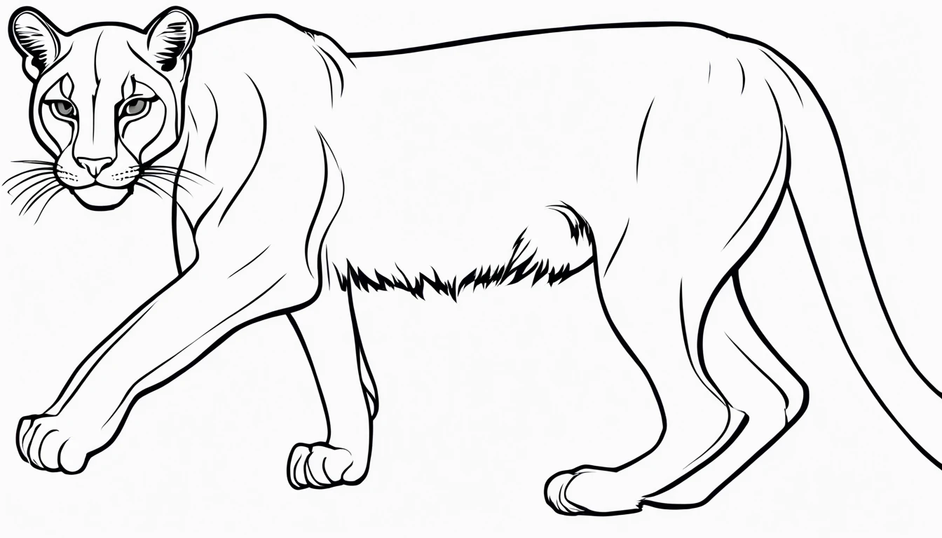 Outline, picture with black lines for coloring, Coloring book page. puma, 4 legs, 1 tail. Totally white, full body, side position, (white background), use outline only, cartoon style, "majestic", beautiful, perfect, Sketc