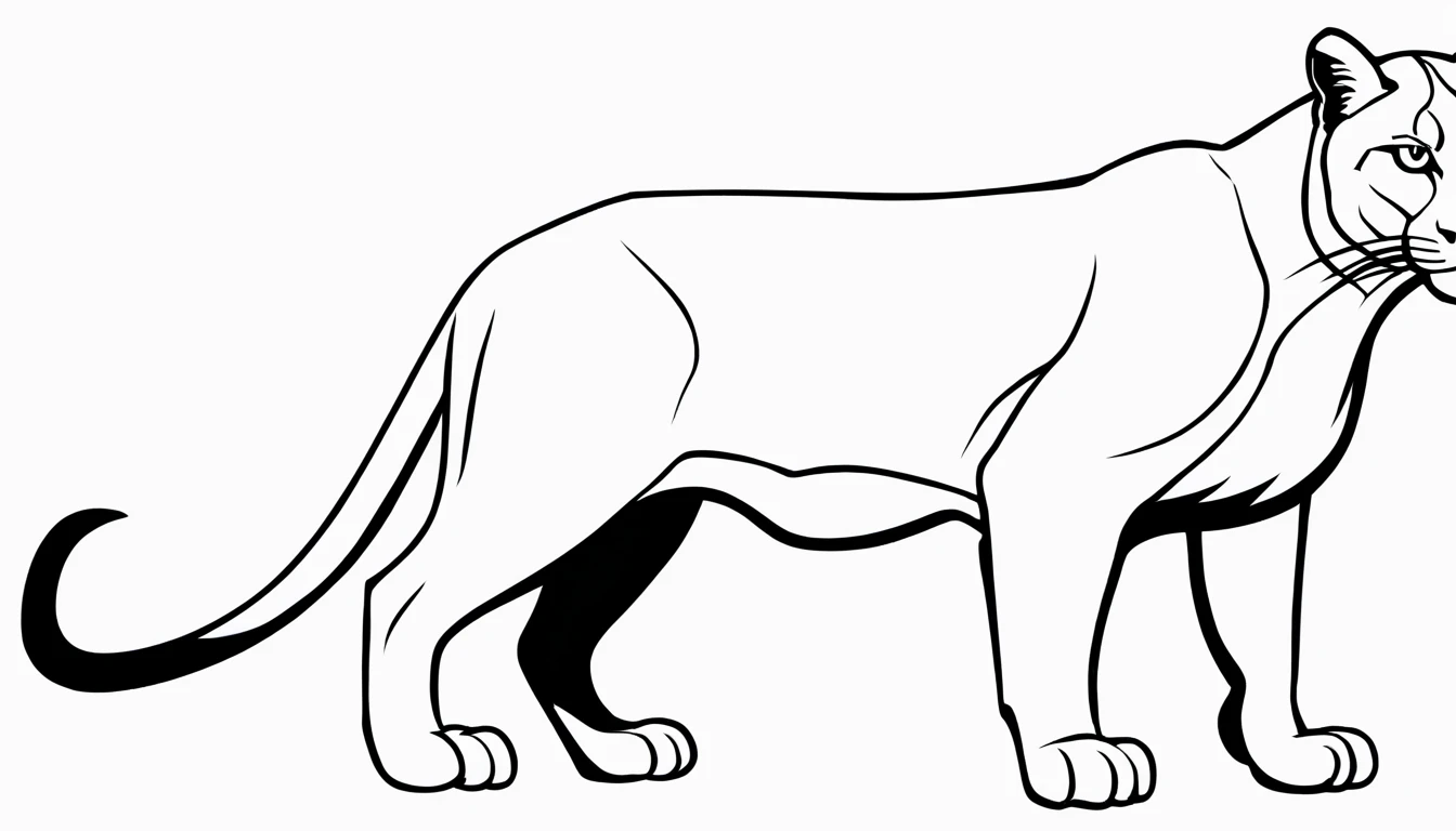 Outline, picture with black lines for coloring, Coloring book page. puma, 4 legs, 1 tail. Totally white, full body, side position, (white background), use outline only, cartoon style, "majestic", beautiful, perfect, Sketc