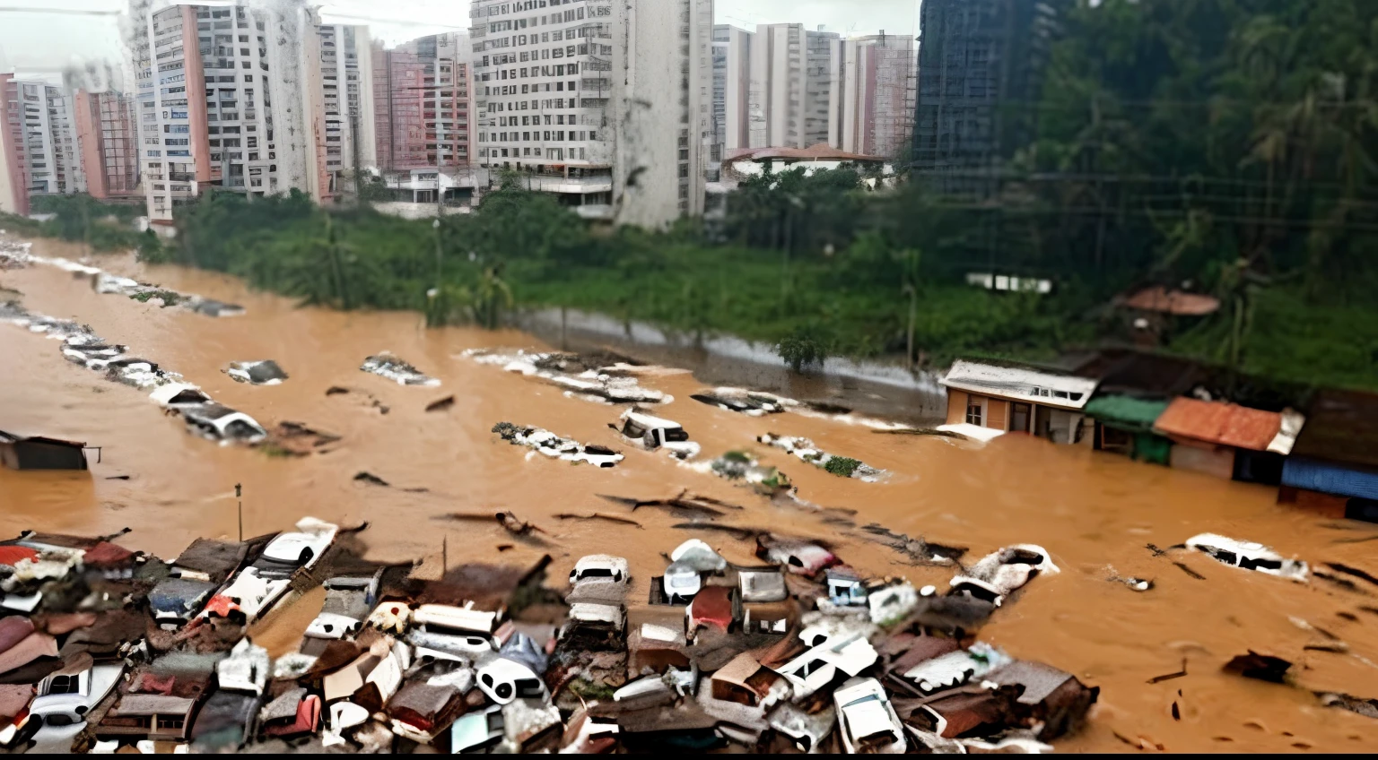 vehicles swept away by a flood of water, cidade sendo inundada por uma enchente, apocalyptic scenery, water destroys houses and cars