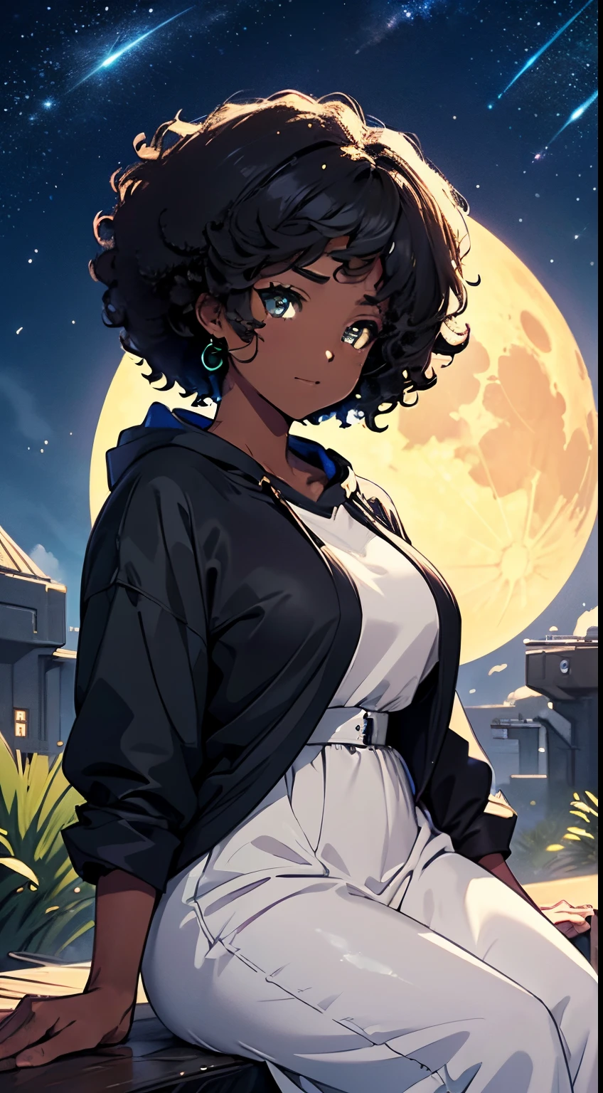 1 pretty anime city girl with dark ebony skin, curly Afro hair, dark skin, ebony skintone, dark brown skin, in a sheer yellow dress, colorful hooded jacket, sitting on a hillside facing a vast sky over in front the moon, looking at the moon, seaside village below((one large oversized white silvery glowing full moon)), shadows, colorful flora, Neon Luminescence, shooting stars, constellations, Vivid Colors, Highly Detailed, UHD, Anime Realism illustration, Beautifully Intricate, ray tracing, Artistic, Soft Natural Volumetric Cinematic Light, (Best Quality,4K,8K,hight resolution, masterpiece :1.2),Ultra-detailed,(Realistic,Photorealistic,Photorealsitic:1.37),Starry night sky,The beauty of the galaxy, Infinite expanses, A dreamy sight,Shining stars,grand,captivating scene,Heavenly Radiance,Bright constellations,Ethereal Atmosphere,Awe-inspiring views,The vastness of the universe,Colorful nebulae,Fantasy landscape,Enchanting universe,Brilliant celestial display,Quiet Tranquility,vivid hues,Dark silhouette of the galaxy,Stunning astral panorama,Majestic celestial canopy. by Studio Ghibli