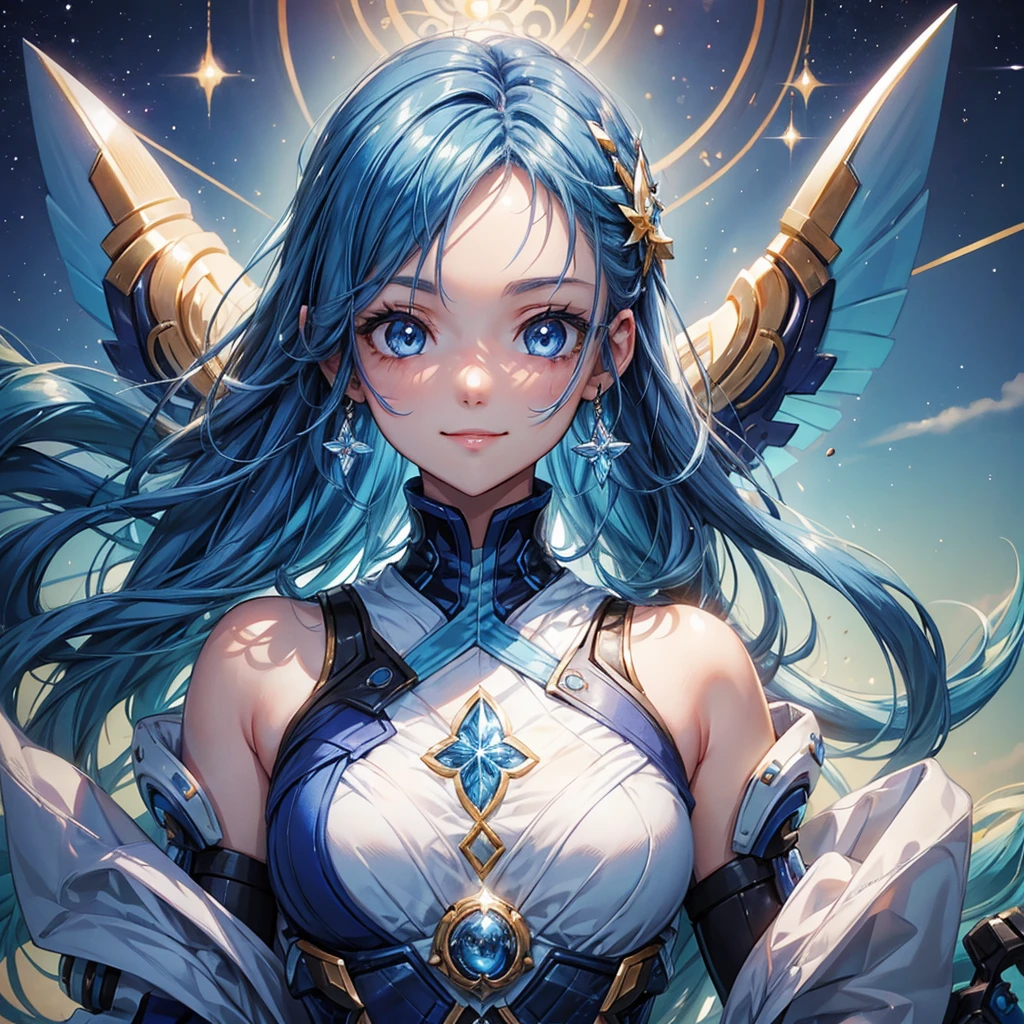 ((masterpiece, highest quality)), High resolution, 8K, cinematic light, high contrast, Depth of bounds written, Intense brilliance, detailed background, 1 girl, cute, fine eyes, sparkle in the eyes, detailed iris, grin and laugh, stylized, open your mouth, tooth,Hair color is sky blue,blue eyes