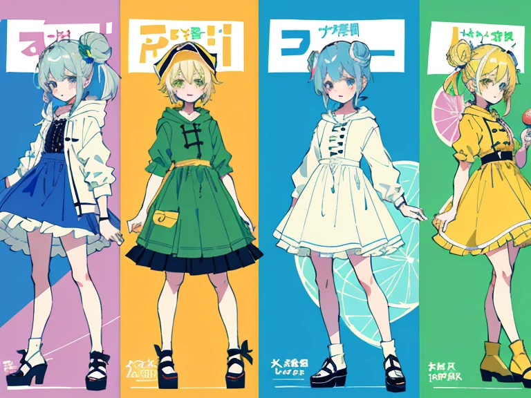 supreme， green down jacket，lime color hair，pink eyes，Standing on your feet，submachine gun，Detailed Genshin graphics，anime character design，anime concept art，pretty anime character design，anime character reference sheet，[Character design]，1girl in, ((Character information)、(Chara Leaf)、pastel dimmed colors, (Yellow color palette.:1.2, Blue:1.2, Pink:1.2), (Blue hair bun and blonde), Short fashionable skirt, Sitting on a throne of sweets and pastries, For example, doughnut, splash, candy, Lollipop, lollipop cane, a cake, cupcake, Cake Pop, Ruffles and lace, polka dot,(Lush pastel dresses), petite girl,Type sheet, Character Sheets, Three types，Shot Full Body，Game Character Design, green color, Green hoodie，