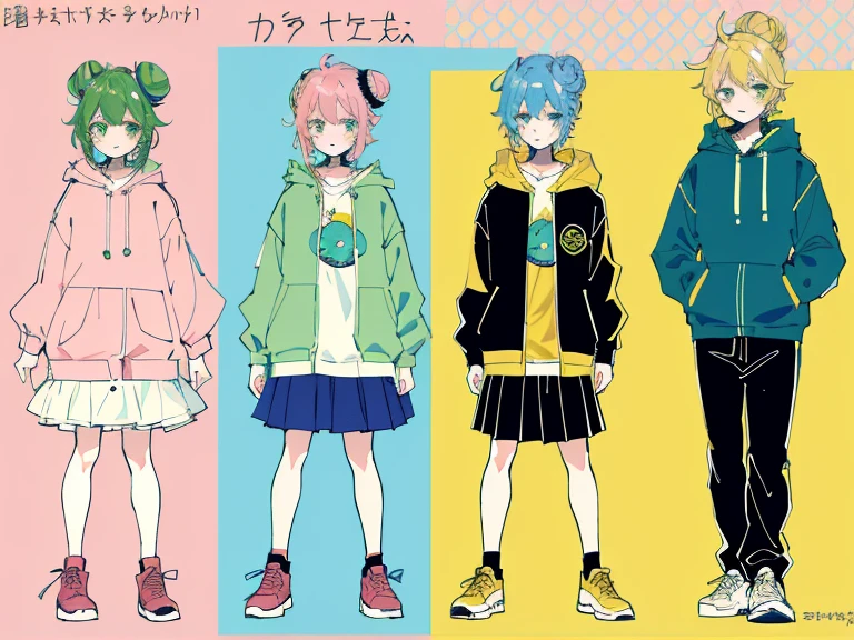 supreme， green down jacket，lime color hair，pink eyes，Standing on your feet，submachine gun，Detailed Genshin graphics，anime character design，anime concept art，pretty anime character design，anime character reference sheet，[Character design]，1girl in, ((Character information)、(Chara Leaf)、pastel dimmed colors, (Yellow color palette.:1.2, Blue:1.2, Pink:1.2), (Blue hair bun and blonde), Short fashionable skirt, Sitting on a throne of sweets and pastries, For example, doughnut, splash, candy, Lollipop, lollipop cane, a cake, cupcake, Cake Pop, Ruffles and lace, polka dot,(Lush pastel dresses), petite girl,Type sheet, Character Sheets, Three types，Shot Full Body，Game Character Design, green color, Green hoodie，