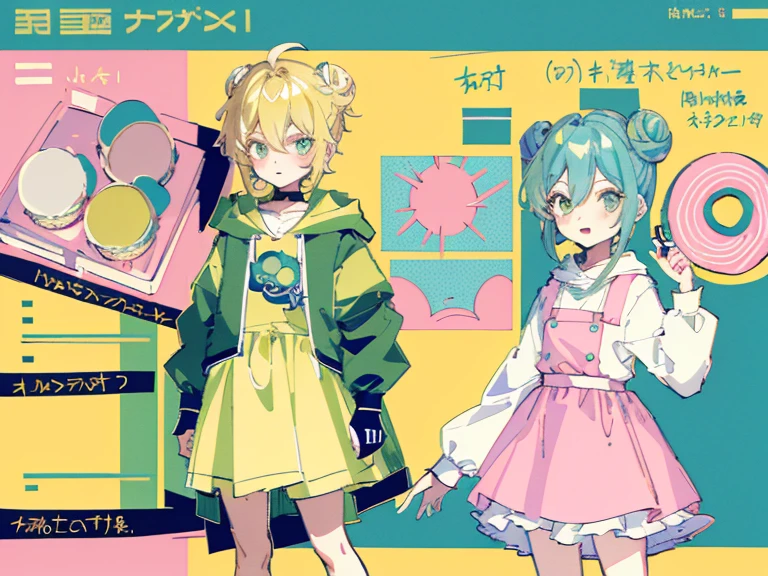 supreme， green down jacket，lime color hair，pink eyes，Standing on your feet，submachine gun，Detailed Genshin graphics，anime character design，anime concept art，pretty anime character design，anime character reference sheet，[Character design]，1girl in, ((Character information)、(Chara Leaf)、pastel dimmed colors, (Yellow color palette.:1.2, Blue:1.2, Pink:1.2), (Blue hair bun and blonde), Short fashionable skirt, Sitting on a throne of sweets and pastries, For example, doughnut, splash, candy, Lollipop, lollipop cane, a cake, cupcake, Cake Pop, Ruffles and lace, polka dot,(Lush pastel dresses), petite girl,Type sheet, Character Sheets, Three types，Shot Full Body，Game Character Design, green color, Green hoodie，