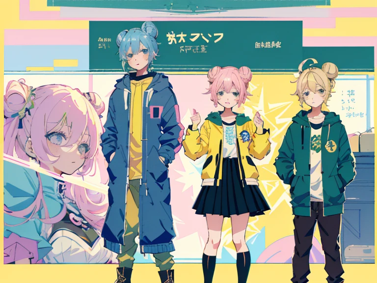 supreme， green down jacket，Standing on your feet，submachine gun，Detailed Genshin graphics，anime character design，anime concept art，pretty anime character design，anime character reference sheet，[Character design]，1girl in, ((Character information)、(Chara Leaf)、pastel dimmed colors, (Yellow color palette.:1.2, Blue:1.2, Pink:1.2), (Blue hair bun and blonde), Short fashionable skirt, a cake, cupcake, Cake Pop, Ruffles and lace, polka dot,(Lush pastel dresses), petite girl,Type sheet, Character Sheets, Three types，Shot Full Body，Game Character Design, green color, Green hoodie，