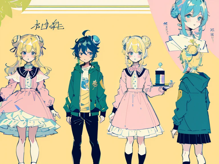 supreme， green down jacket，Standing on your feet，submachine gun，Detailed Genshin graphics，anime character design，anime concept art，pretty anime character design，anime character reference sheet，[Character design]，1girl in, ((Character information)、(Chara Leaf)、pastel dimmed colors, (Yellow color palette.:1.2, Blue:1.2, Pink:1.2), (Blue hair bun and blonde), Short fashionable skirt, a cake, cupcake, Cake Pop, Ruffles and lace, polka dot,(Lush pastel dresses), petite girl,Type sheet, Character Sheets, Three types，Shot Full Body，Game Character Design, green color, Green hoodie，