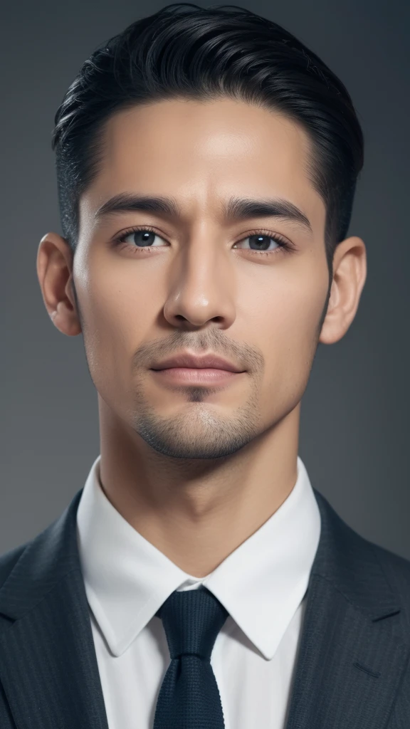 (los fondos de pantalla CG Unity 8K extremadamente detallados,Masutepiece, La mejor calidad, Ultra detallado), fondo gris, 35-year-old man who lives in Colombia ., 25 year old freelance photographer, Peinado deportivo, Un cabello oscuro, contornos faciales estrechos, cejas delgadas, ojos agudos,  skin brown, nariz alta y delgada, labios finos, fisico delgado, Camisa y corbata, Strong impression