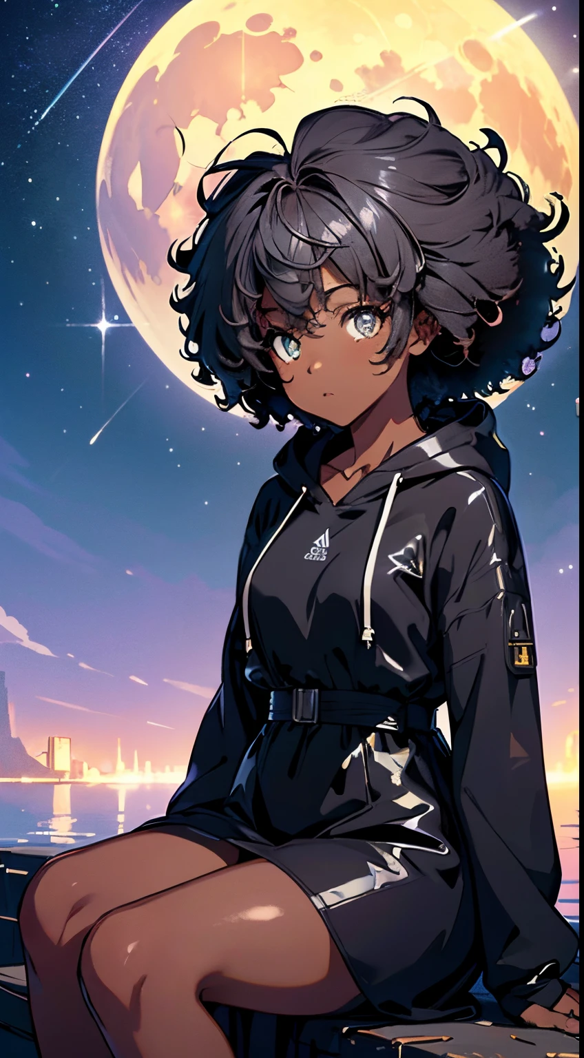 1 pretty anime city girl with dark ebony skin, curly Afro hair, dark skin, ebony skintone, dark brown skin, in a sheer yellow dress, colorful hooded jacket, sitting on a hillside facing a vast sky over in front the moon, looking at the moon, seaside village below((one large oversized white silvery glowing full moon)), shadows, colorful flora, Neon Luminescence, shooting stars, constellations, Vivid Colors, Highly Detailed, UHD, Anime Realism illustration, Beautifully Intricate, ray tracing, Artistic, Soft Natural Volumetric Cinematic Light, (Best Quality,4K,8K,hight resolution, masterpiece :1.2),Ultra-detailed,(Realistic,Photorealistic,Photorealsitic:1.37),Starry night sky,The beauty of the galaxy, Infinite expanses, A dreamy sight,Shining stars,grand,captivating scene,Heavenly Radiance,Bright constellations,Ethereal Atmosphere,Awe-inspiring views,The vastness of the universe,Colorful nebulae,Fantasy landscape,Enchanting universe,Brilliant celestial display,Quiet Tranquility,vivid hues,Dark silhouette of the galaxy,Stunning astral panorama,Majestic celestial canopy. by Studio Ghibli