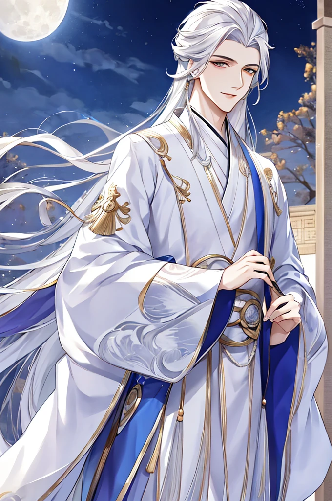 tmasterpiece,Best Picture Quality,male people,male people,white hanfu,(cabelos preto e longos:1.5),long, floated hair,Wide-sleeved robe,ancient wind,Solid color clothes,The clothes do not have any patterns,Smilingly,gentlesoftlighting,water ink,Behind it the full moon,